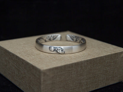 Brushed Sterling Silver Lotus Cuff Bracelet, Engraved Bangle