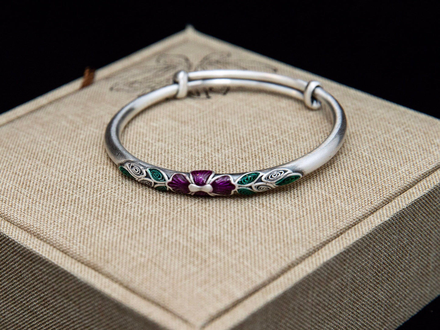 Sterling silver bangle , vintage style enamel bangle, fine silver enamel bracelet with peony flower, leaf bracelet , adjustable bracelet