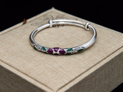 Sterling silver bangle , vintage style enamel bangle, fine silver enamel bracelet with peony flower, leaf bracelet , adjustable bracelet