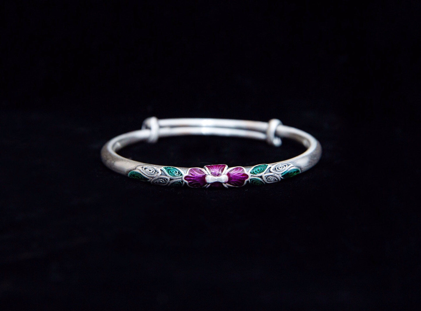 Sterling silver bangle , vintage style enamel bangle, fine silver enamel bracelet with peony flower, leaf bracelet , adjustable bracelet