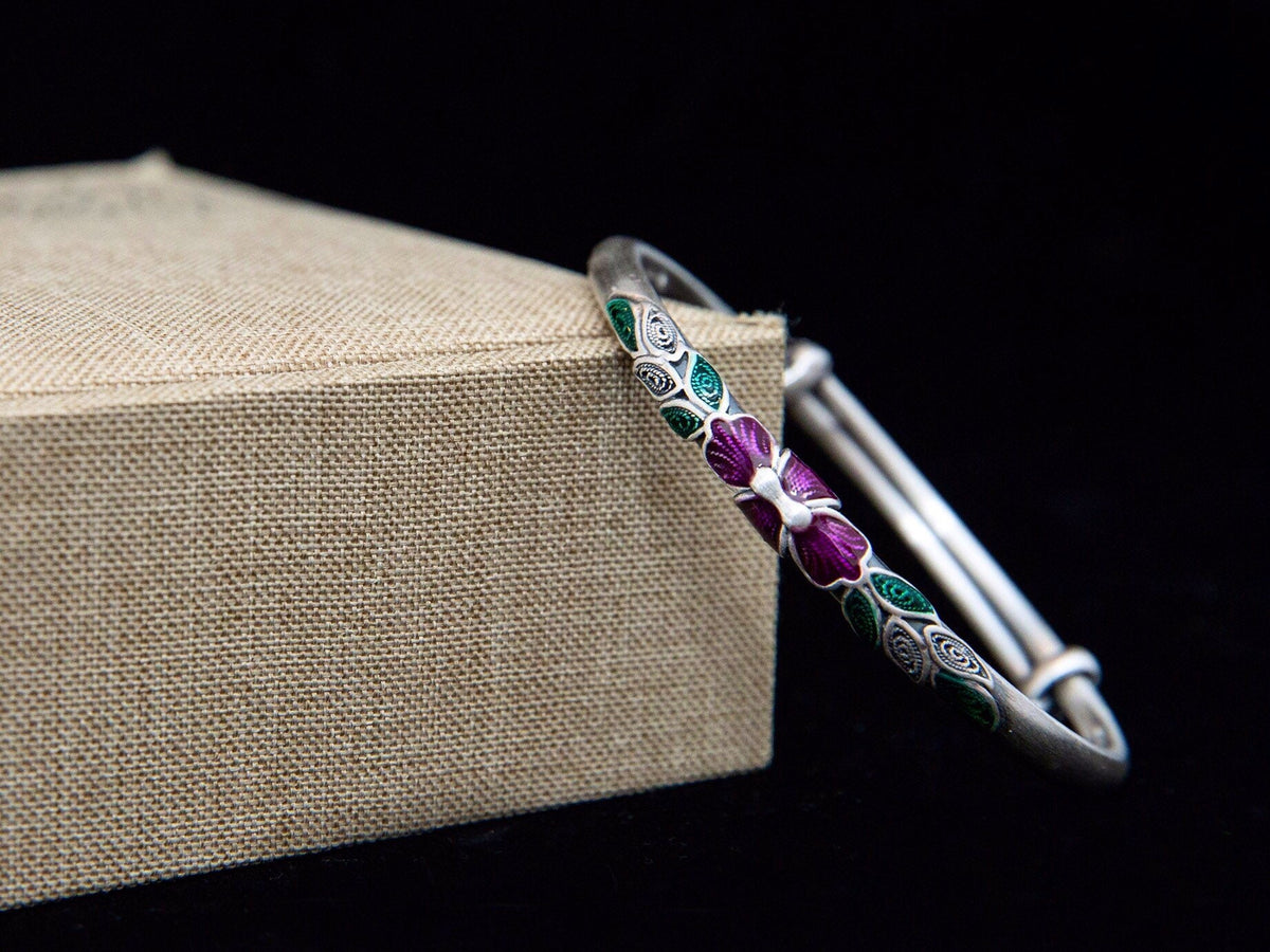 Sterling Silver Enamel Peony Bangle, Adjustable Floral Cuff