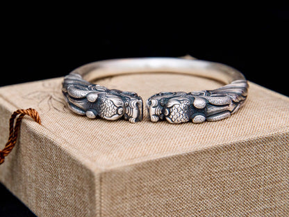 Sterling Silver Dragon Cuff Bracelet, Double Dragon Head Bangle , Mens Cuff Bracelet , Dragon Lovers Jewelry, Gift For Him Her