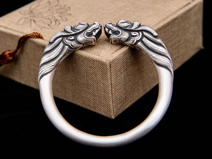 Sterling Silver Dragon Cuff Bracelet, Double Dragon Head Bangle , Mens Cuff Bracelet , Dragon Lovers Jewelry, Gift For Him Her