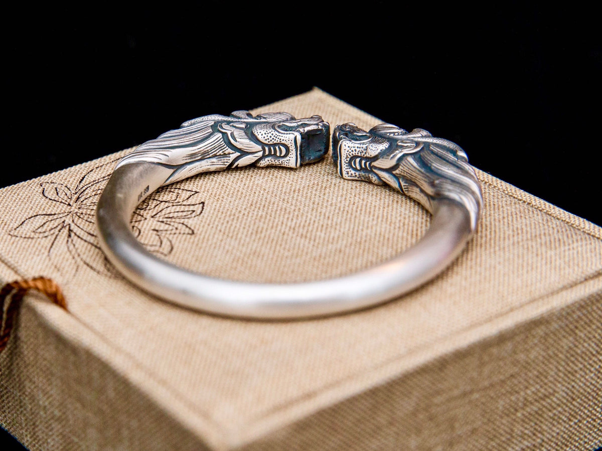 Sterling Silver Dragon Cuff Bracelet, Double Dragon Head Bangle , Mens Cuff Bracelet , Dragon Lovers Jewelry, Gift For Him Her