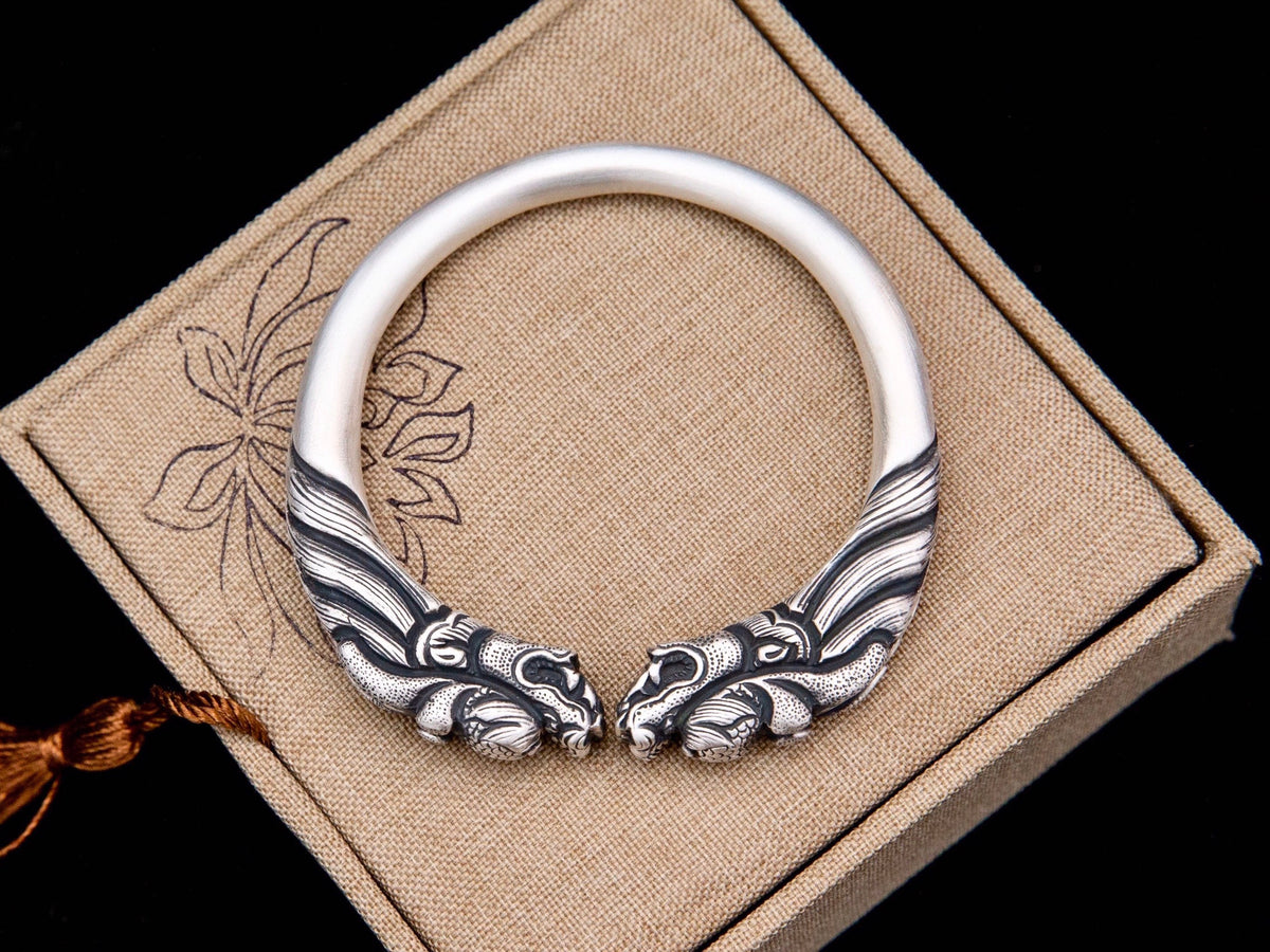 Sterling Silver Dragon Cuff Bracelet, Double Dragon Head Bangle , Mens Cuff Bracelet , Dragon Lovers Jewelry, Gift For Him Her