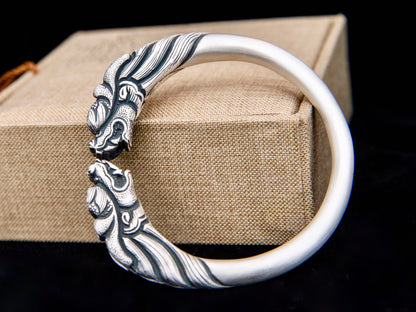 Sterling Silver Dragon Cuff Bracelet, Double Dragon Head Bangle , Mens Cuff Bracelet , Dragon Lovers Jewelry, Gift For Him Her