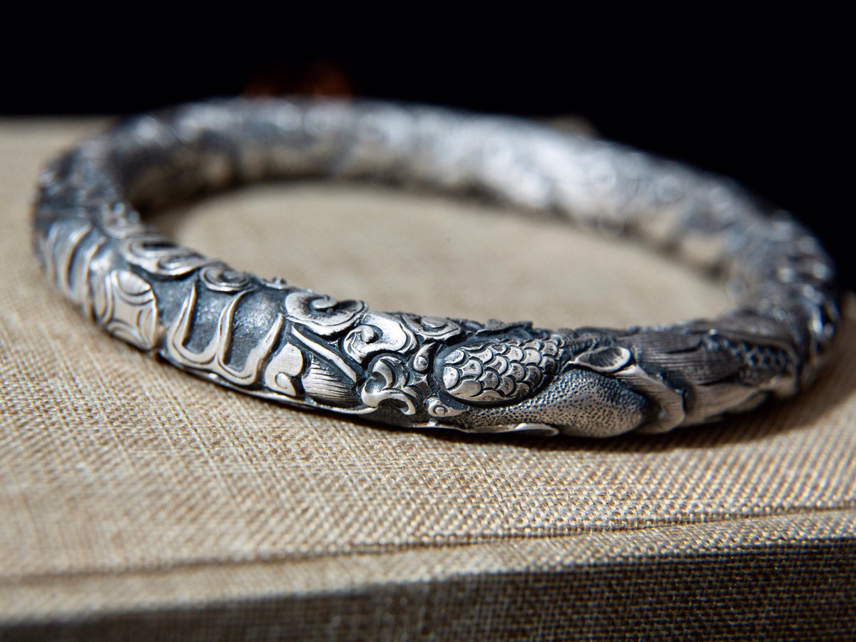 Bold Sterling Silver Dragon Bracelet, Handmade Artisan Unisex Chunky Mens Cuff Gift for Him