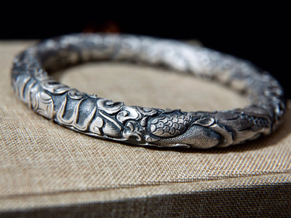 Bold Sterling Silver Dragon Bracelet, Handmade Artisan Unisex Chunky Mens Cuff Gift for Him