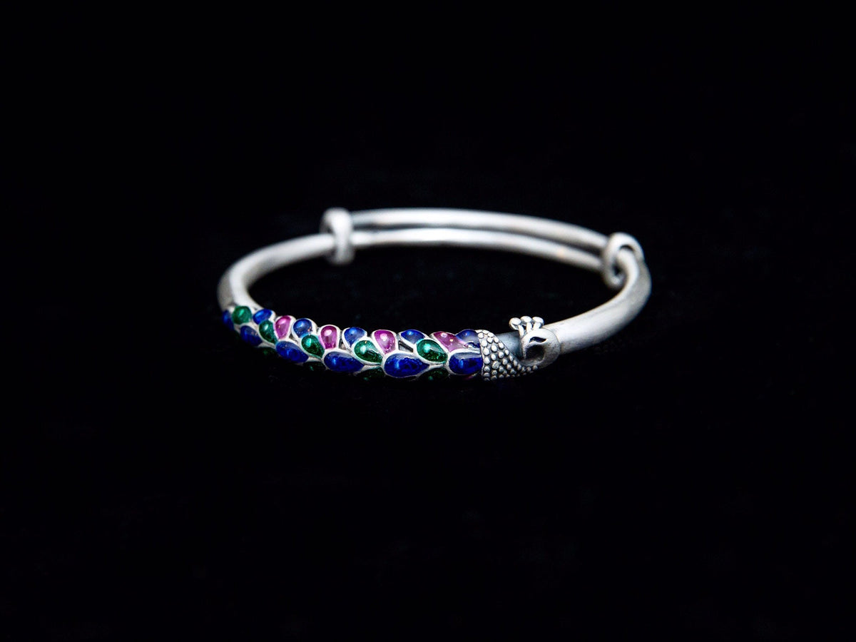 Sterling Silver Peacock Bracelet Adjustable, Enamel Peacock Bird Jewelry Gift for Her