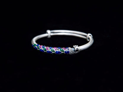 Sterling Silver Peacock Bracelet Adjustable, Enamel Peacock Bird Jewelry Gift for Her