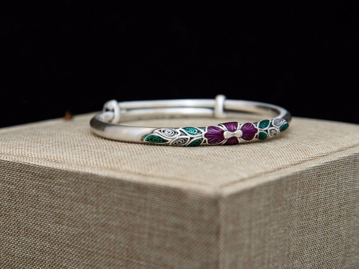Sterling Silver Enamel Peony Bangle, Adjustable Floral Cuff