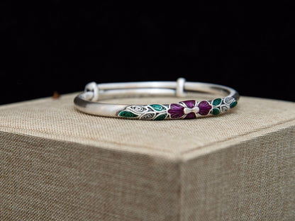 Sterling Silver Enamel Peony Bangle, Adjustable Floral Cuff