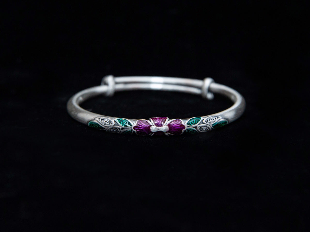 Sterling Silver Enamel Peony Bangle, Adjustable Floral Cuff