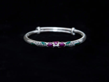 Sterling Silver Enamel Peony Bangle, Adjustable Floral Cuff