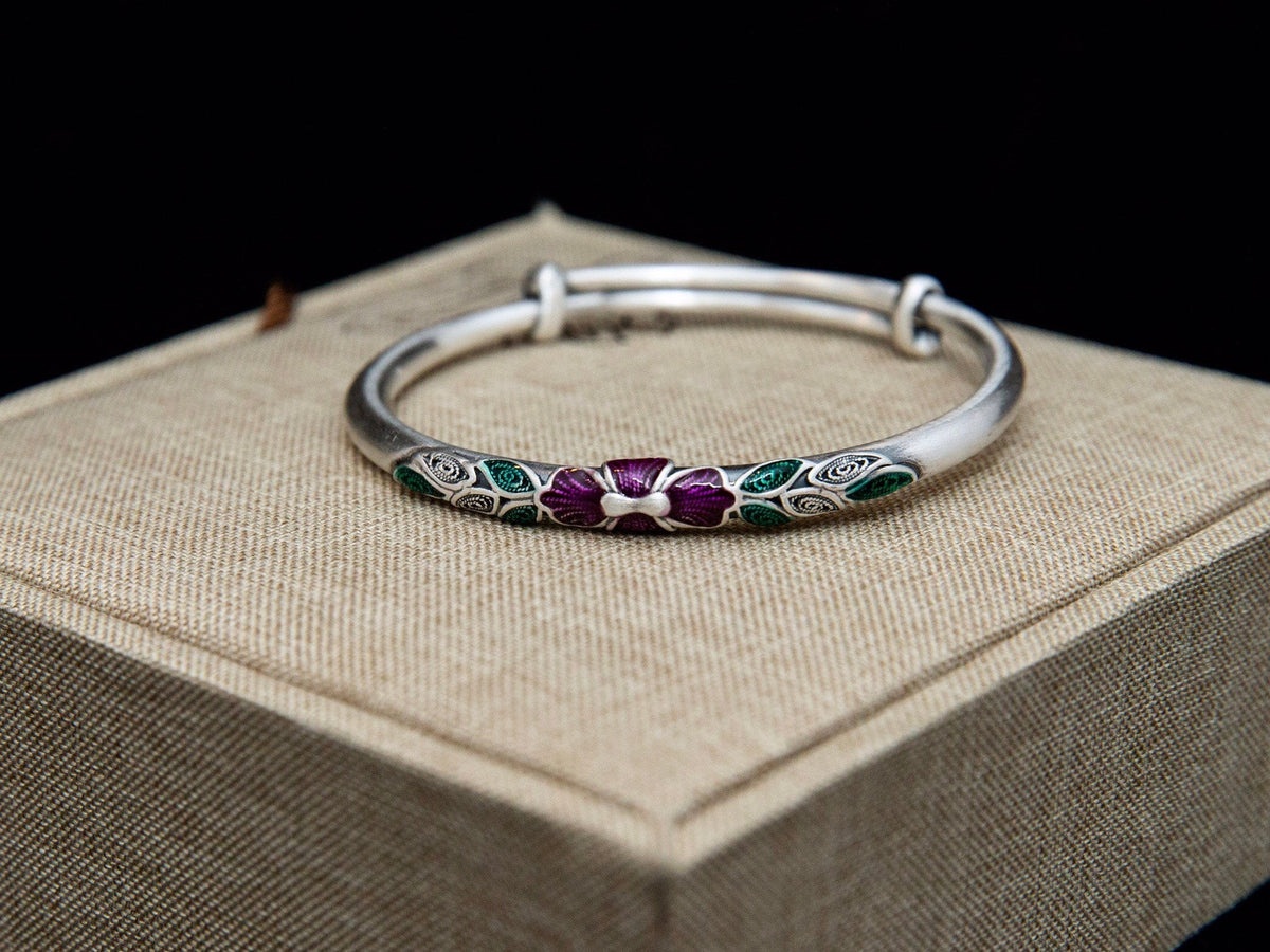 Sterling Silver Enamel Peony Bangle, Adjustable Floral Cuff