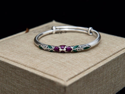 Sterling Silver Enamel Peony Bangle, Adjustable Floral Cuff