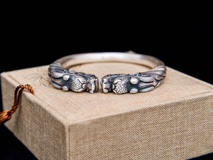 Sterling Silver Dragon Cuff Bracelet, Double Dragon Head Bangle , Mens Cuff Bracelet , Dragon Lovers Jewelry, Gift For Him Her
