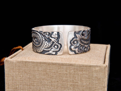 Solid Sterling Silver Dragon Wide Bracelet Handmade Mens Silver Dragon Cuff Bracelet, Wide Silver Bangle, Dragon Jewelry, Ancient Loong Jewelry Gift for Him