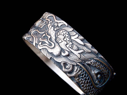 Solid Sterling Silver Dragon Wide Bracelet Handmade Mens Silver Dragon Cuff Bracelet, Wide Silver Bangle, Dragon Jewelry, Ancient Loong Jewelry Gift for Him