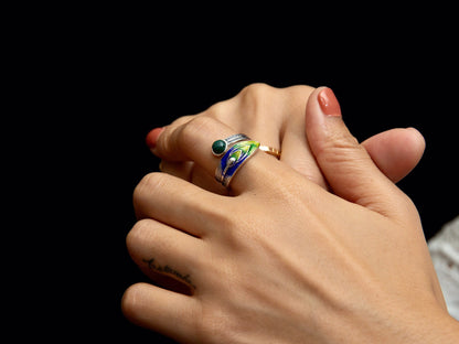 Sterling silver peacock statement ring with malachite , enamel ring, feather ring, nature ring, adjustable ring, peacock jewelry, bird ring