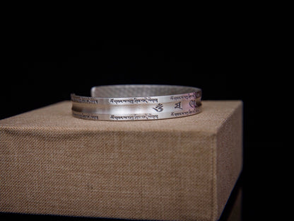 Sterling Silver Om Mani Padme Hum Cuff Bracelet: Buddhist Mantra Jewelry