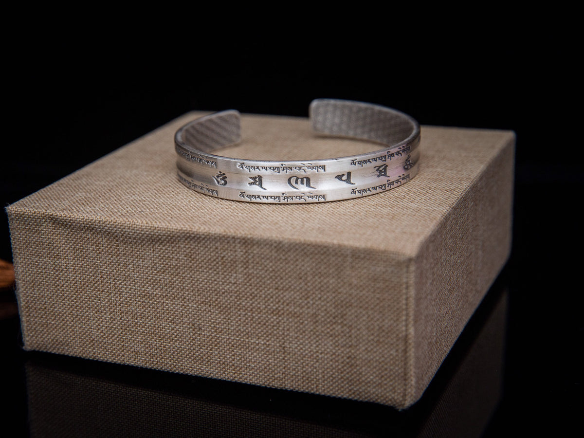 Sterling Silver Om Mani Padme Hum Cuff Bracelet: Buddhist Mantra Jewelry