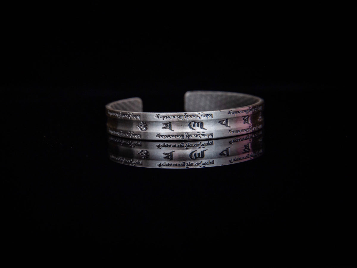 Sterling Silver Om Mani Padme Hum Cuff Bracelet: Buddhist Mantra Jewelry