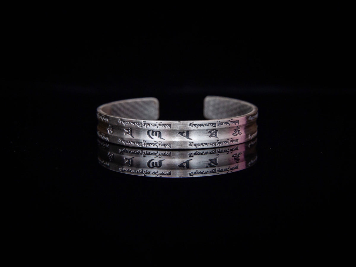 Sterling Silver Om Mani Padme Hum Cuff Bracelet: Buddhist Mantra Jewelry