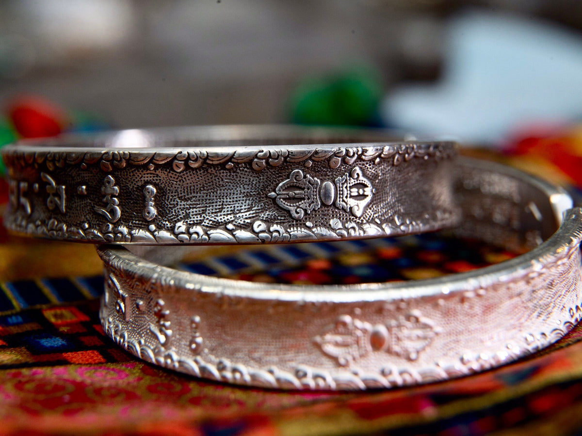Sterling Silver Tibetan Mantra Cuff Bracelet: Buddhist Bangle
