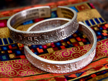 Sterling Silver Tibetan Mantra Cuff Bracelet: Buddhist Bangle
