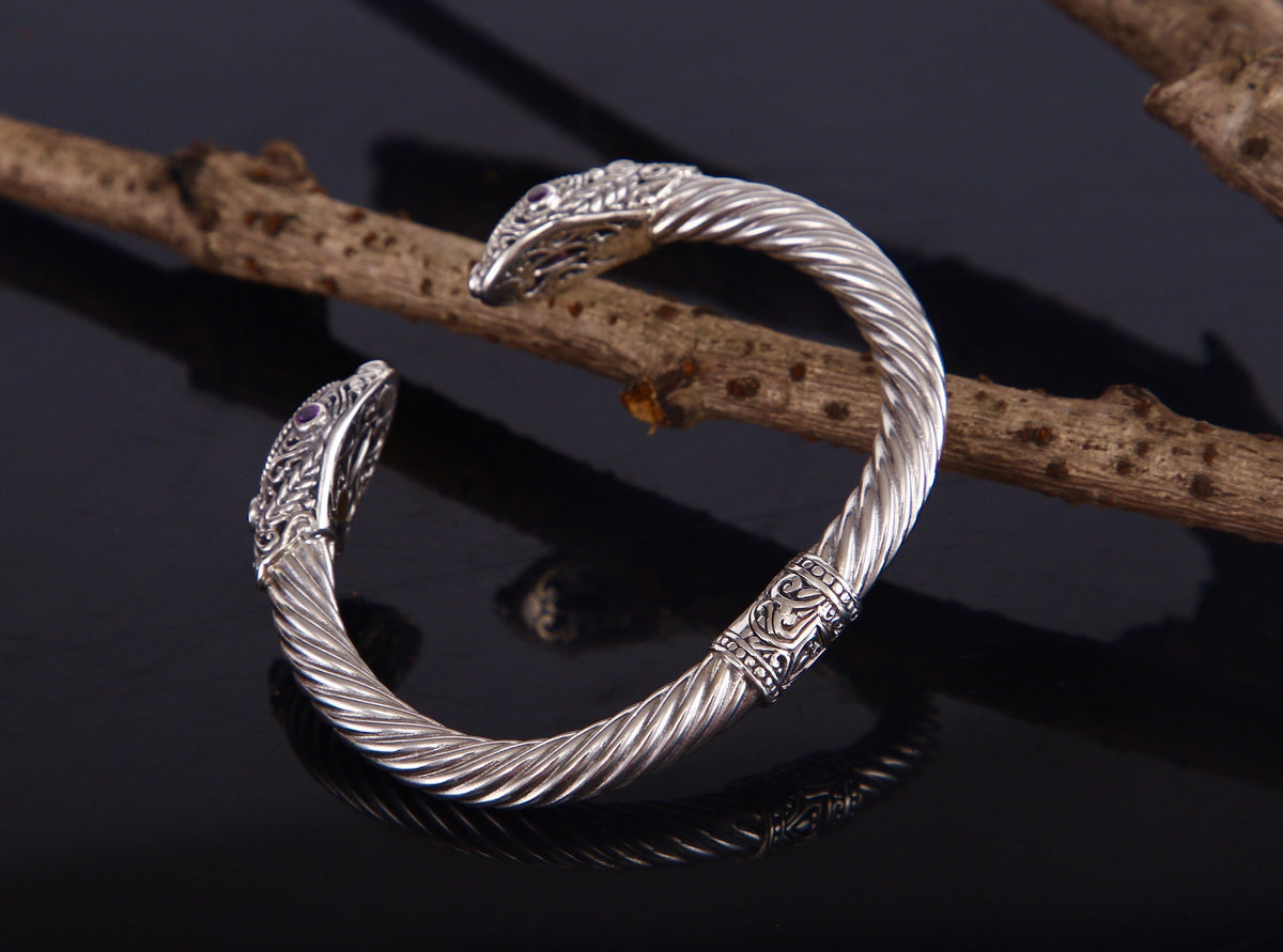Sterling Silver Amethyst Cuff Bracelet: Two-Tone Bridal Jewelry