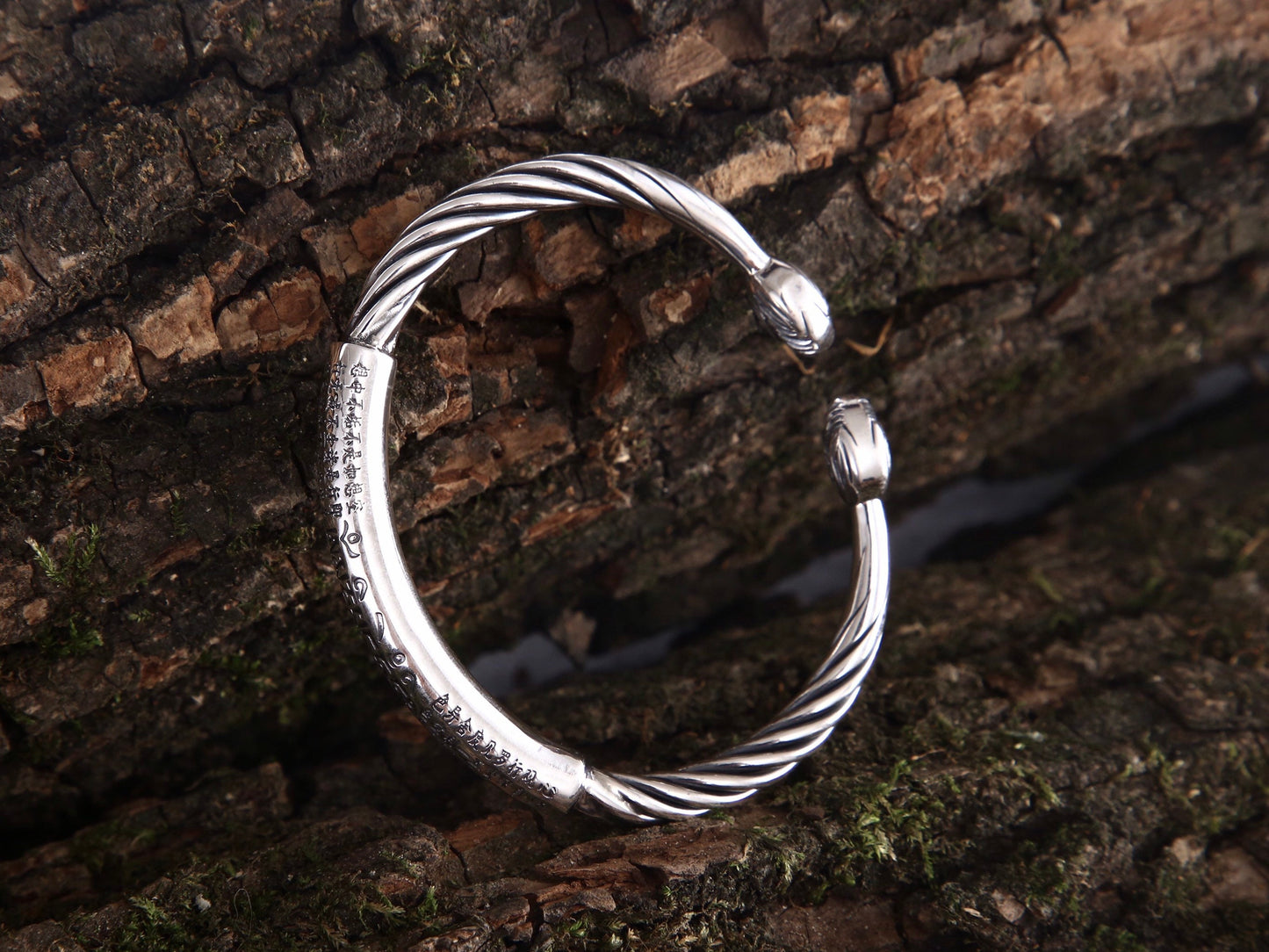 Engraved mantra bracelet, Sterling silver cuff bracelet, lotus flower bracelet, statement bracelet, Buddhist jewelry, protection bracelet