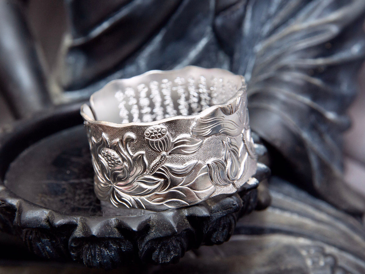 Sterling Silver Satin Wide Cuff Bracelet, Lotus Flower Cuff Protection Jewelry Gift for Her