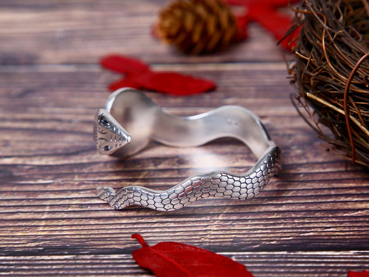 Sterling Silver Snake Cuff Bracelet, Hand Crafted Unisex Snake Statement Jewelry Gift