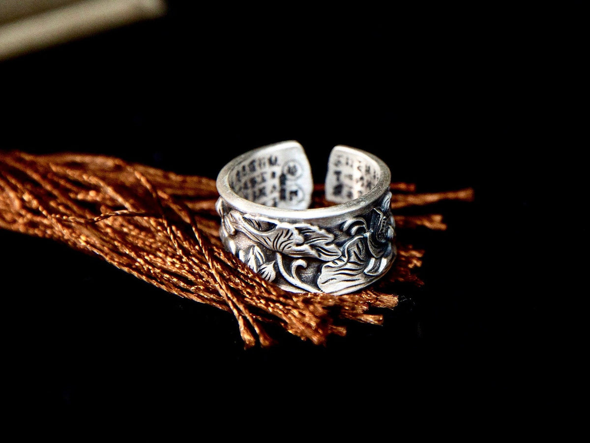 Sterling Silver Meditation Ring for Women Men, Adjustable Thumb Ring, Lotus Mantra Band, Engraved Wide Band Ring, Spiritual Jewelry Gift