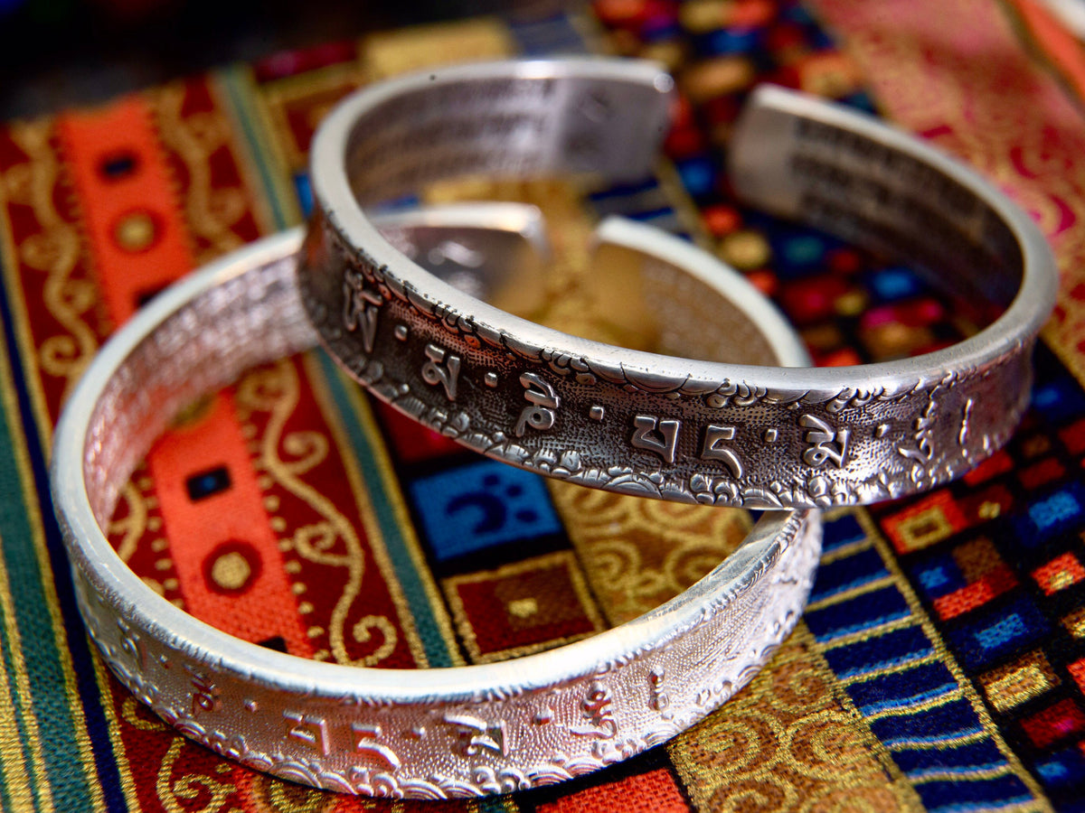 Sterling Silver Tibetan Mantra Cuff Bracelet: Buddhist Bangle