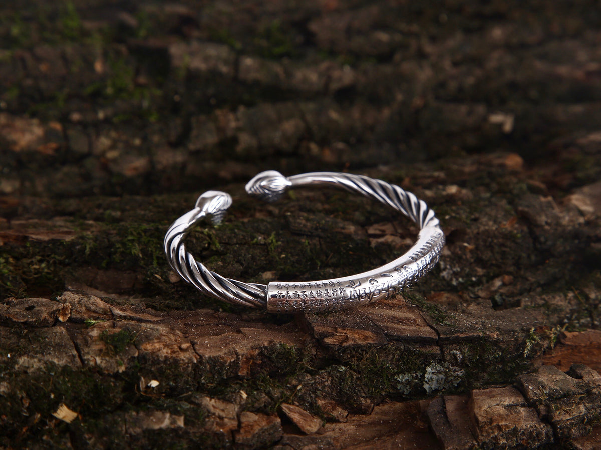 Engraved mantra bracelet, Sterling silver cuff bracelet, lotus flower bracelet, statement bracelet, Buddhist jewelry, protection bracelet