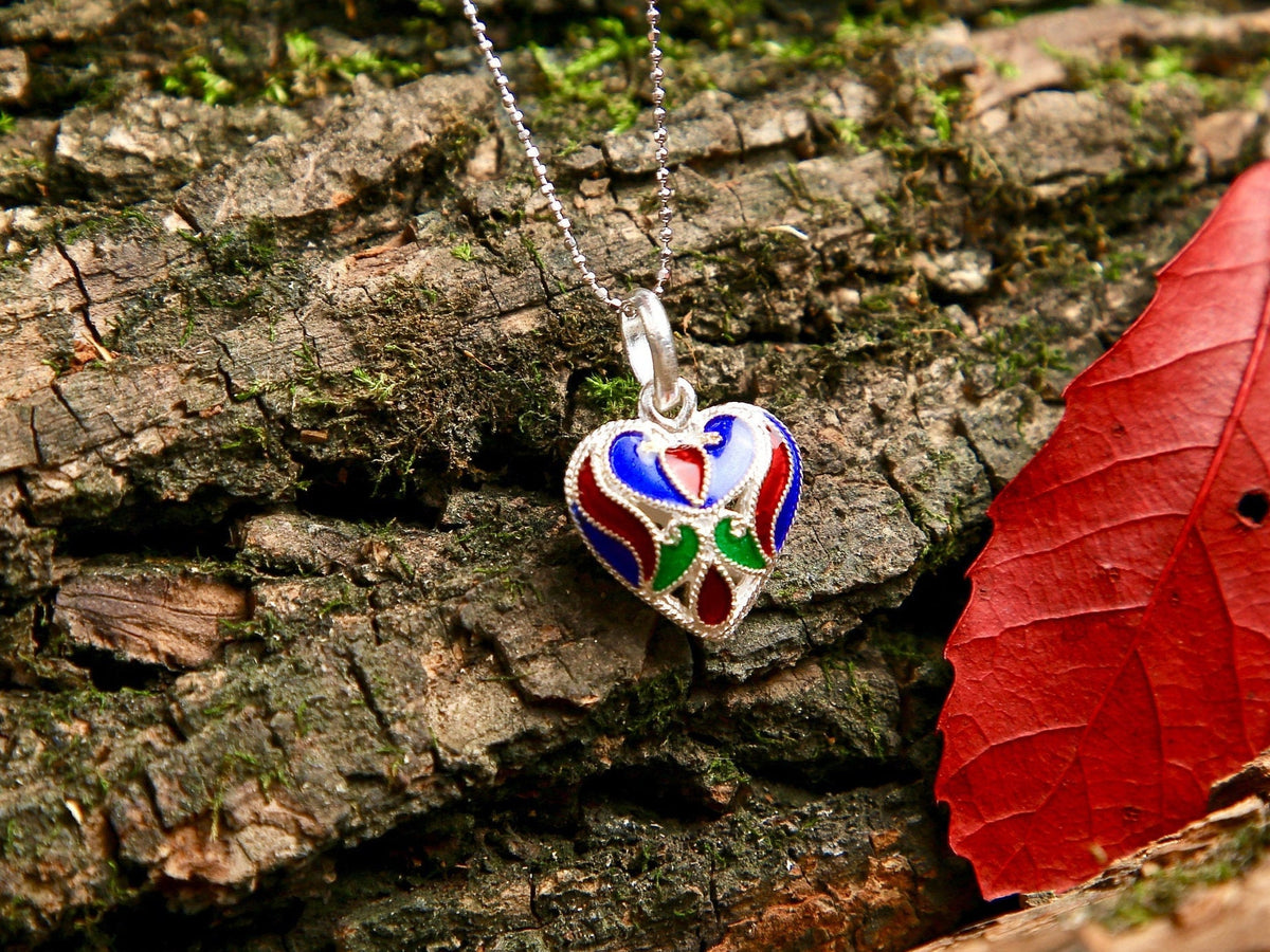 Sterling Silver Colorful Enamel Filigree Heart Necklace, Vintage Design Gift for Her