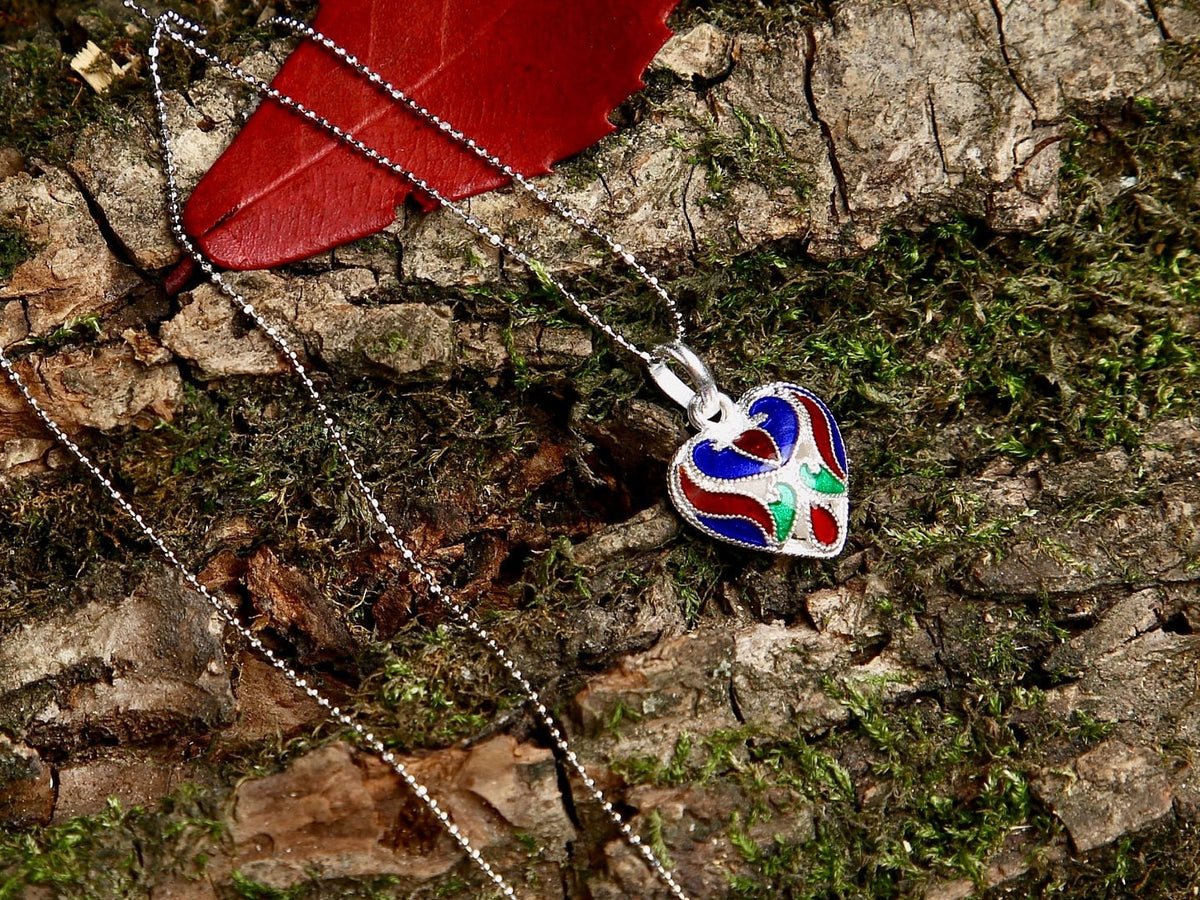 Sterling Silver Colorful Enamel Filigree Heart Necklace, Vintage Design Gift for Her