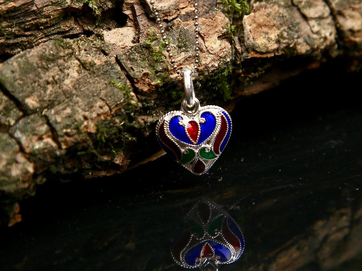 Sterling Silver Colorful Enamel Filigree Heart Necklace, Vintage Design Gift for Her