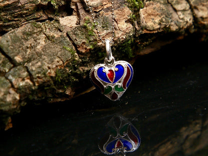 Sterling Silver Colorful Enamel Filigree Heart Necklace, Vintage Design Gift for Her