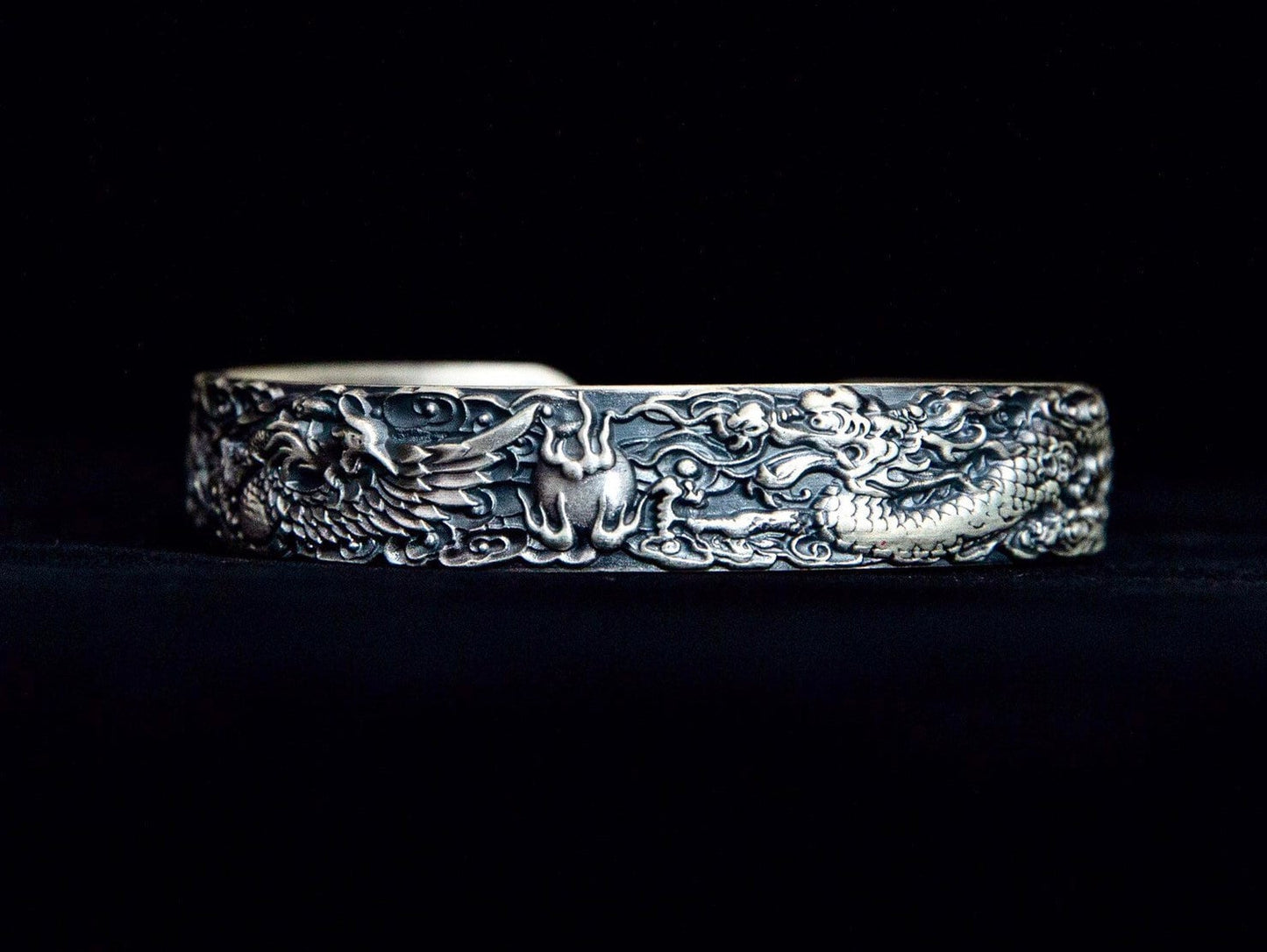 Sterling Silver Dragon Phoenix Cuff Bracelet, Unisex Jewelry