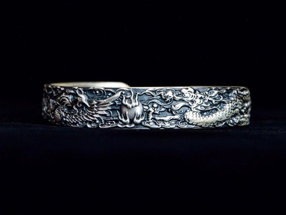 Sterling Silver Dragon Phoenix Cuff Bracelet, Unisex Jewelry