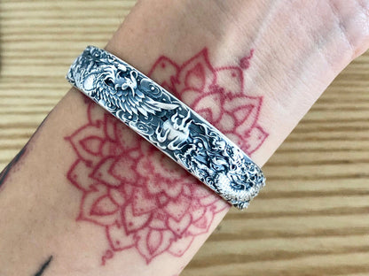 Sterling Silver Dragon Phoenix Cuff Bracelet, Unisex Jewelry