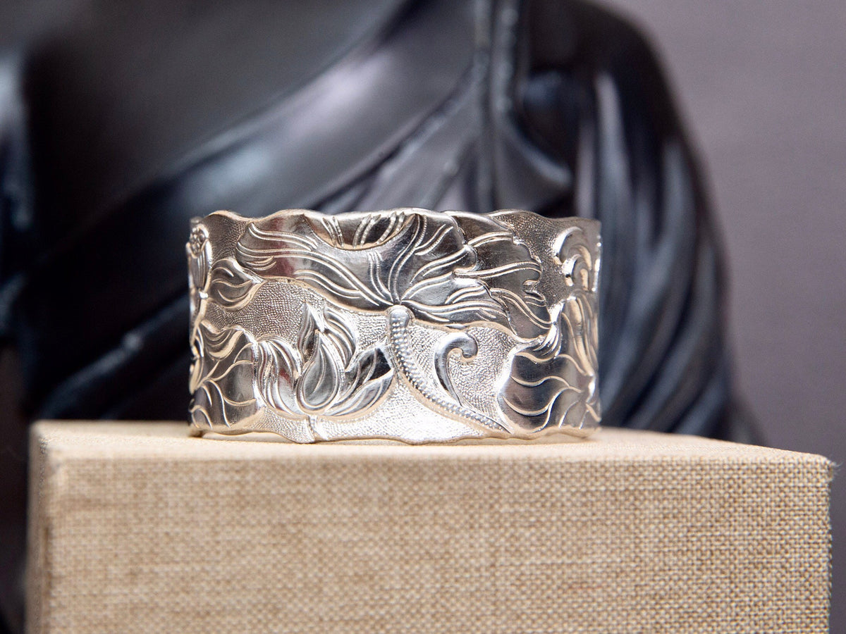Sterling Silver Satin Wide Cuff Bracelet, Lotus Flower Cuff Protection Jewelry Gift for Her