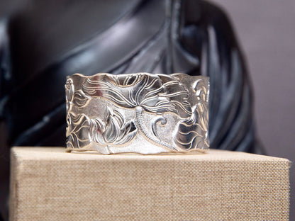 Sterling Silver Satin Wide Cuff Bracelet, Lotus Flower Cuff Protection Jewelry Gift for Her