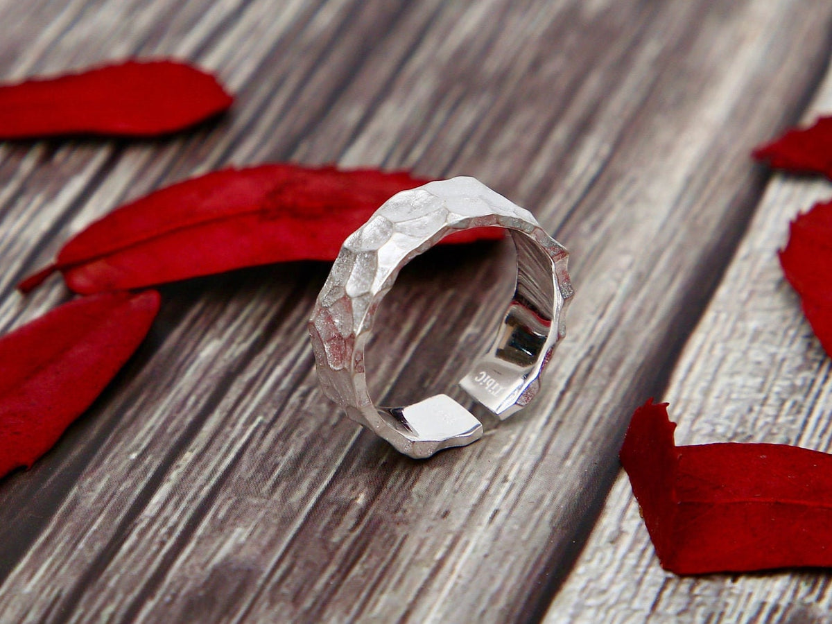 Hammered Sterling Silver Ring: Adjustable Textured Cuff Ring