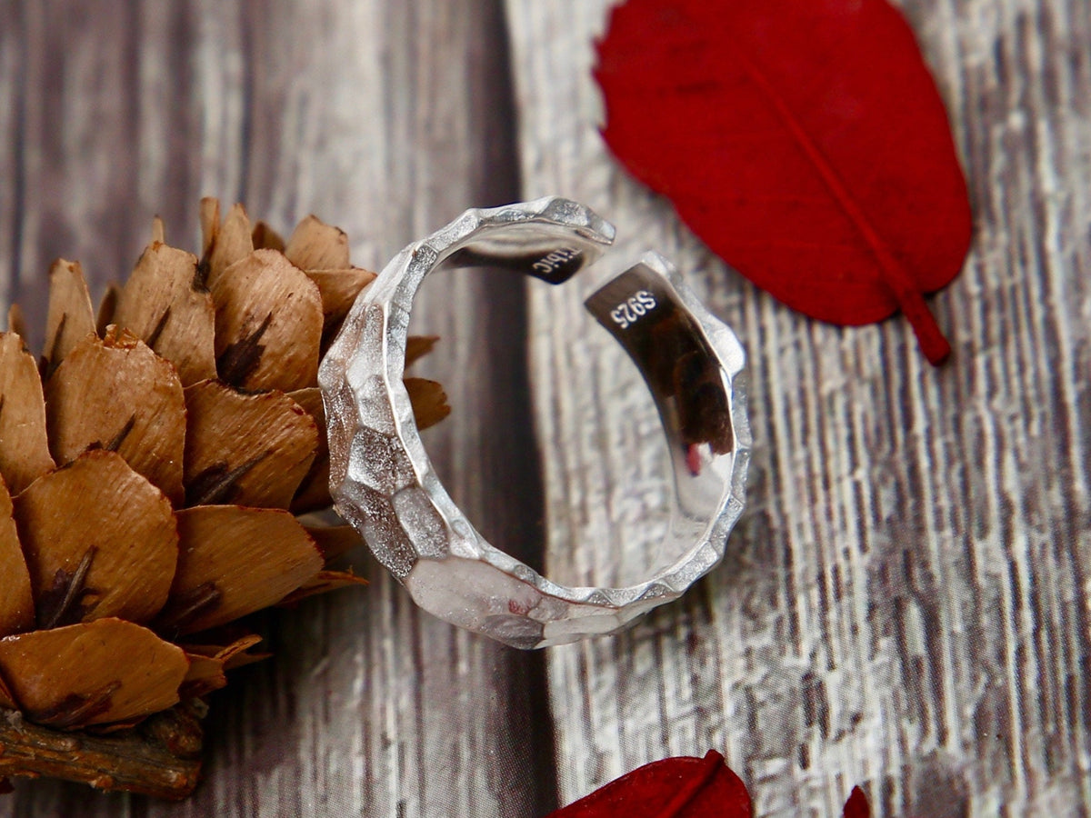 Hammered Sterling Silver Ring: Adjustable Textured Cuff Ring