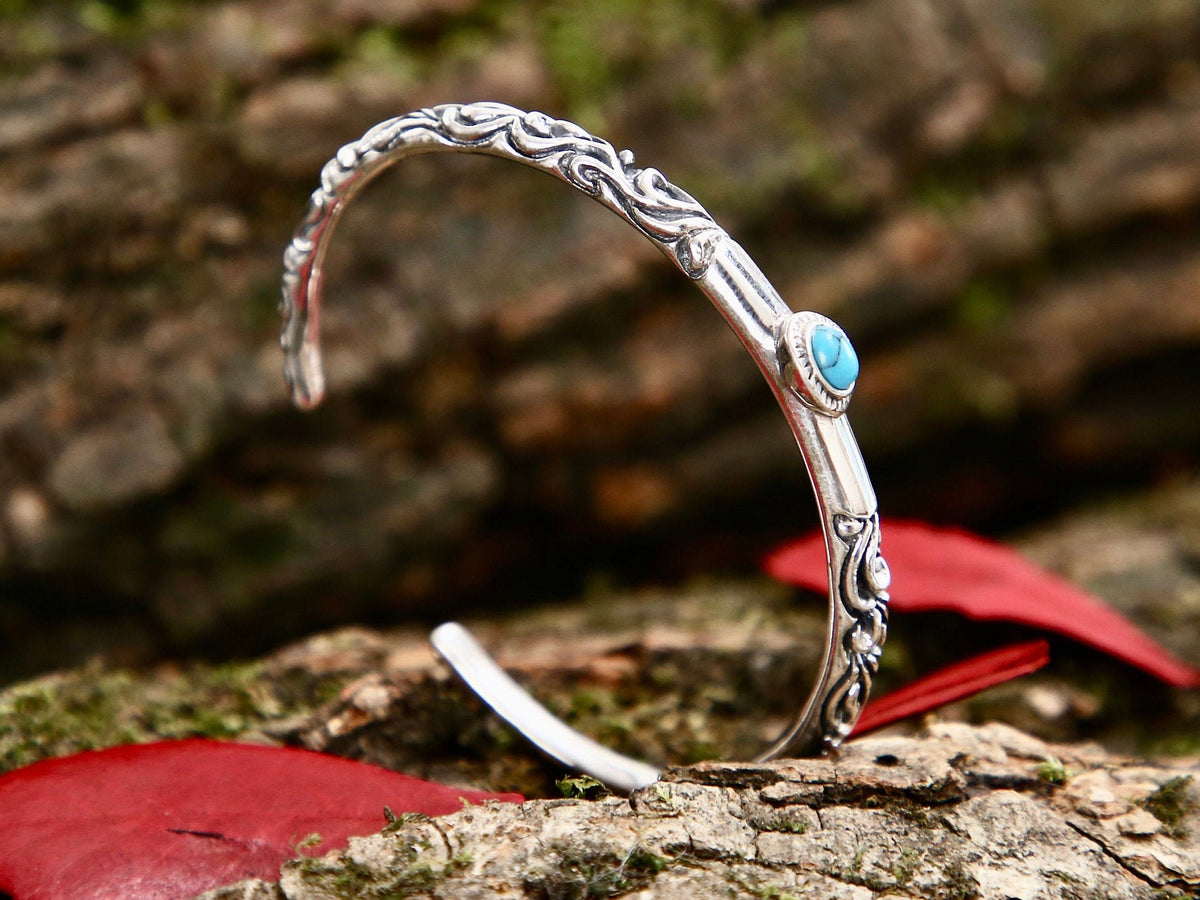 Sterling Silver Turquoise Cuff Bracelet, Engraved Bohemian Jewelry