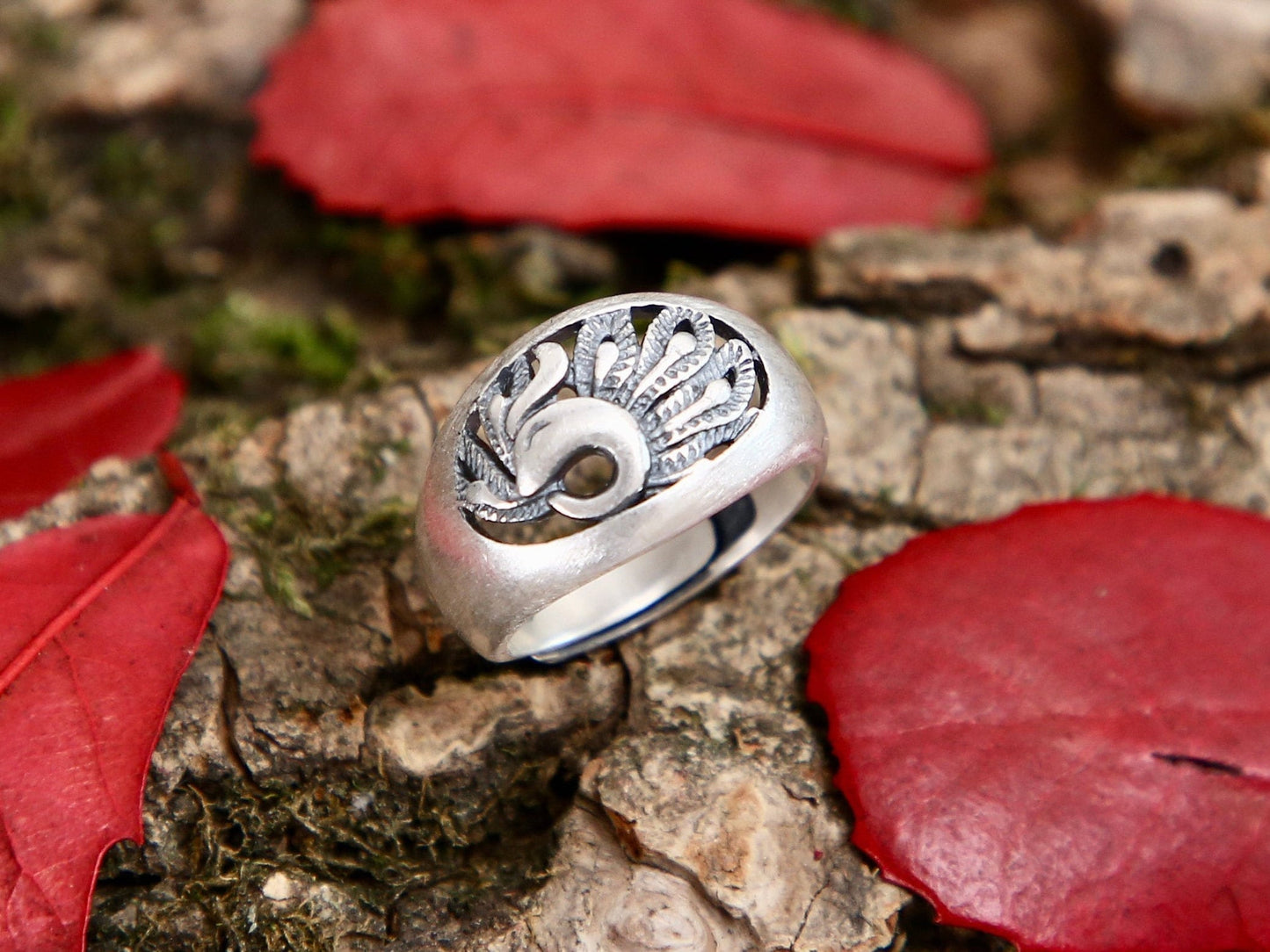 Peacock ring, pinky ring, sterling silver peacock jewelry, adjustable ring, statement ring, bird ring, animal ring, nature ring